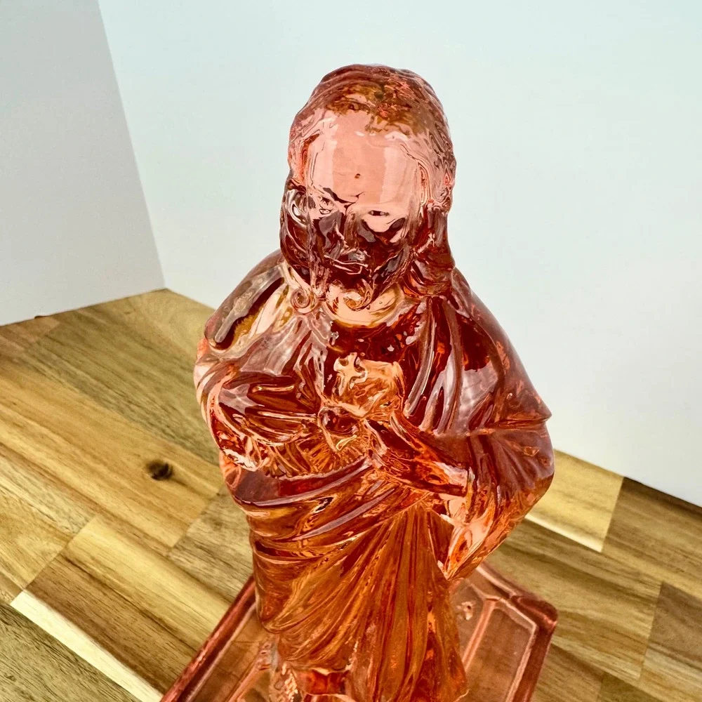 Antique Jesus Christ Pink Depression Glass‎ Sacred Flaming Heart Candle Holder